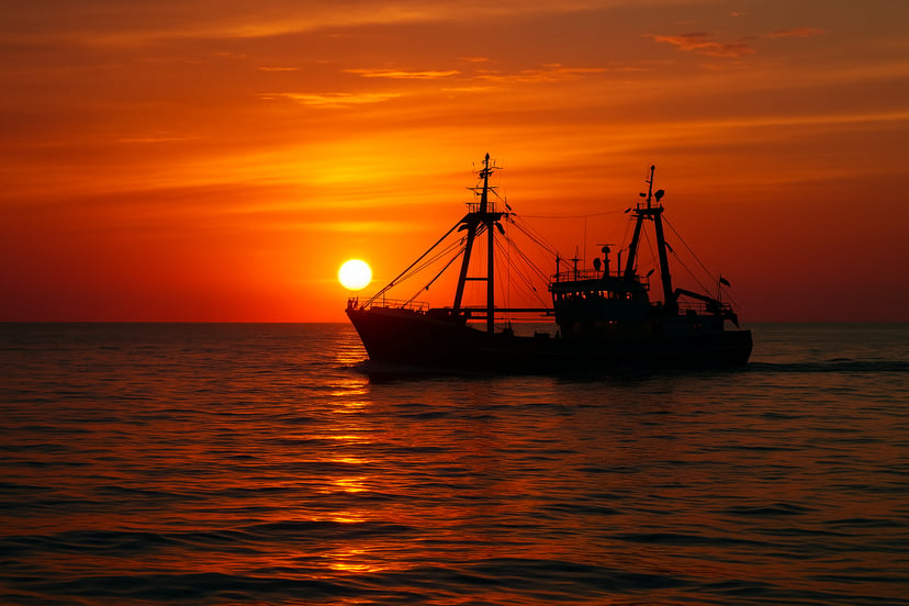 a fishing trawler at sunset