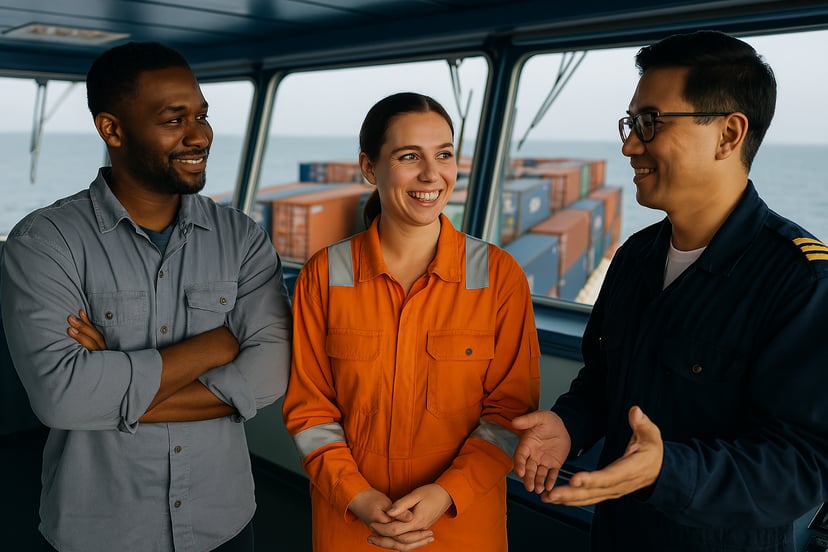 three people working in different seafarer jobs chatting on the ship's bridge