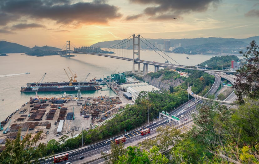 Hong Kon port as seen from above at dusk