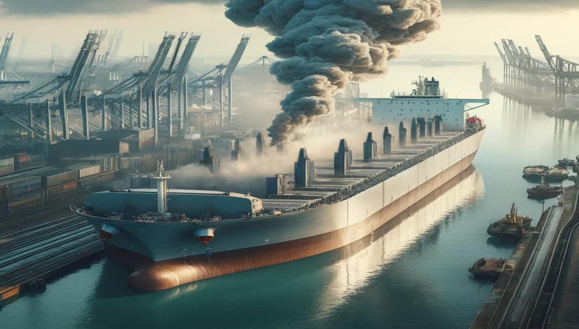 a bulk carrier on fire while docked in a port