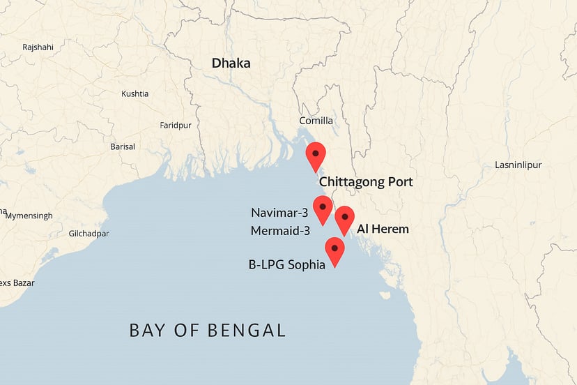 A map of the Bay of Bengal showing where the vessels ran aground
