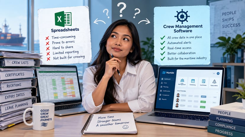 A woman sitting at her desk and weighing up the difference between spreadsheets and crew management software in her head