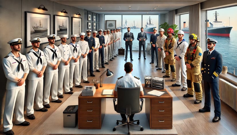 seafarers working in different maritime jobs and ranks lining up in a maritime recruiters' office
