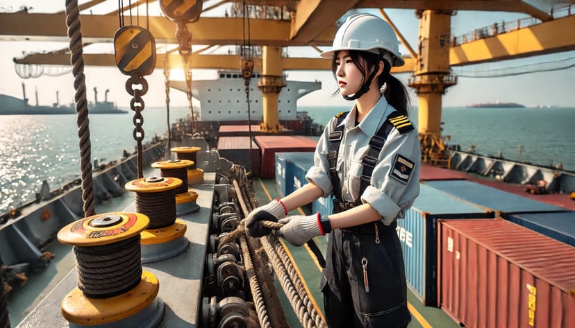 a woman working in a seafarer job on deck securing the lines