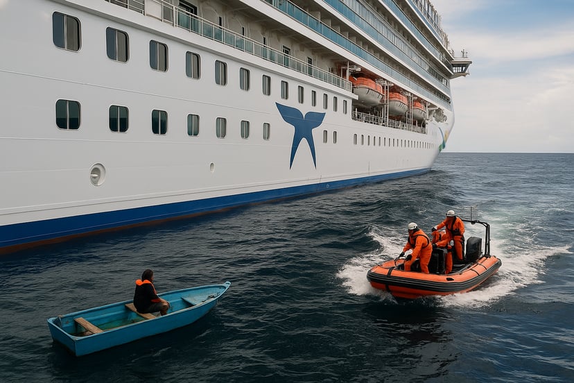 A cruise ship and its rescue boat picking up a solo boater