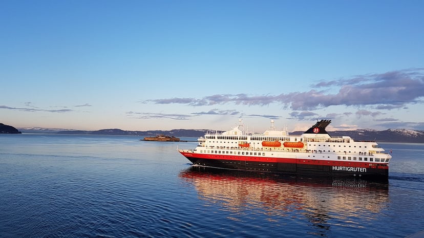 A Hurtigruten cruise ship at sea