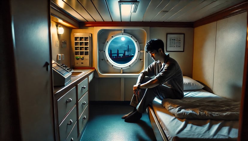 a seafarer sitting on his bed in his cabin looking tired but unable to sleep