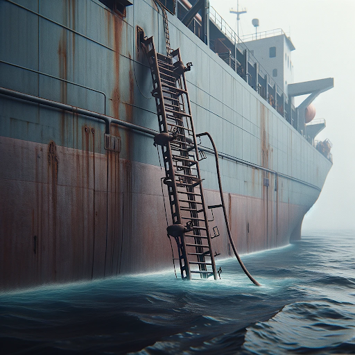 AI generated image of a broken pilot ladder on a cargo ship