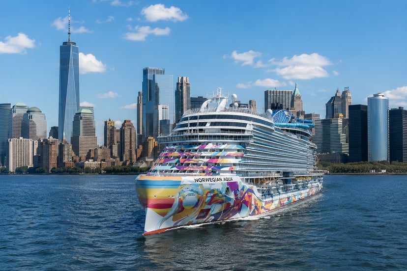 The Norwegian Aqua cruise ship sailing past New York City