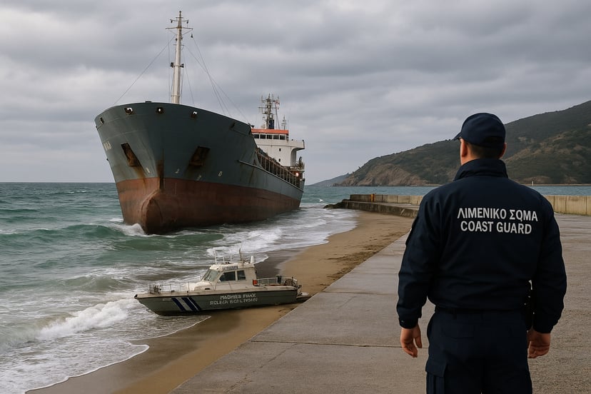 A grounded cargo ship in a port with a Greek Coast Guard officer watching from the dock