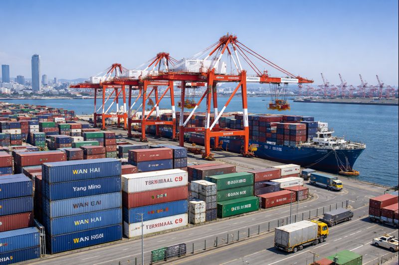 Cranes and a container ship at Terminal C9 at the Port of Osaka, Japan