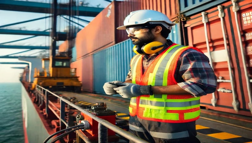 a man working in a seafarer job on deck wearing safety gear