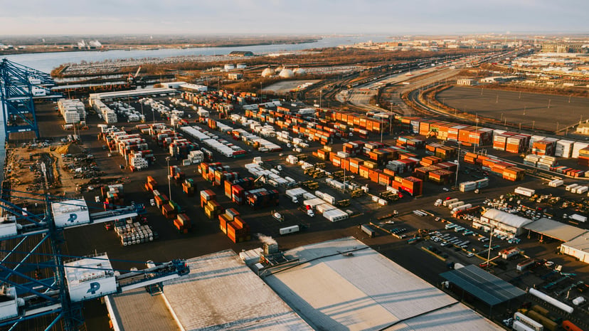 An aerial view of the container terminal and port in Philadelphia, USA