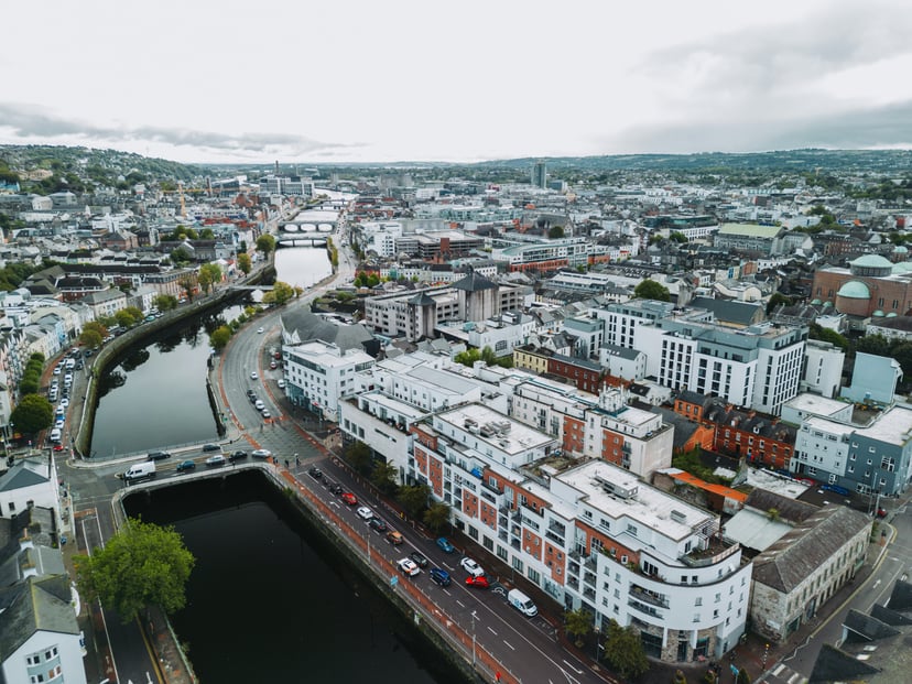 aerial view down the River Lee in Cork, Ireland