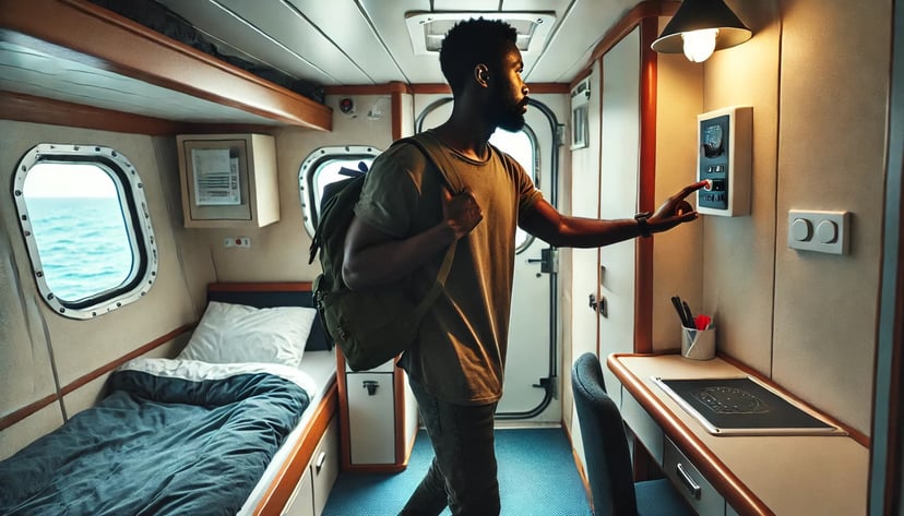 a seafarer turning the light off before he leaves his cabin