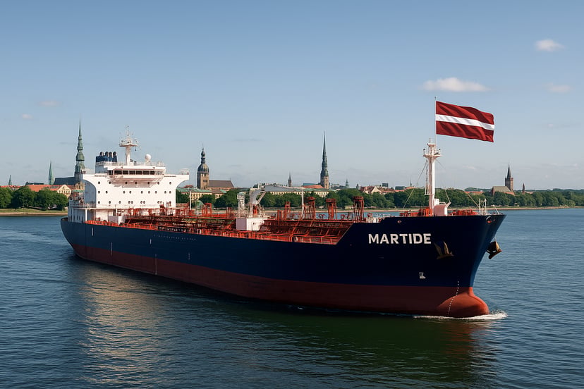 An oil tanker flying the flag of Latvia sailing away from the Latvian coastline