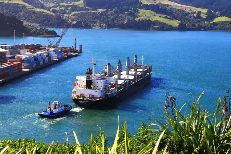A bulk carrier and tugboat sailing into port
