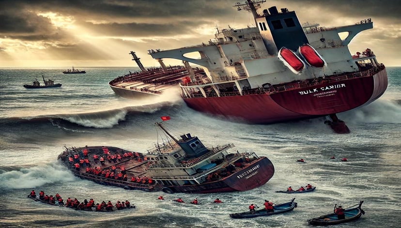 A cargo ship and fishing vessel colliding at sea