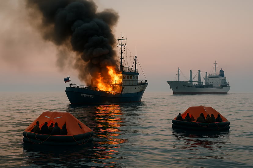 A fishing vessel on fire with the crew using life rafts to escape