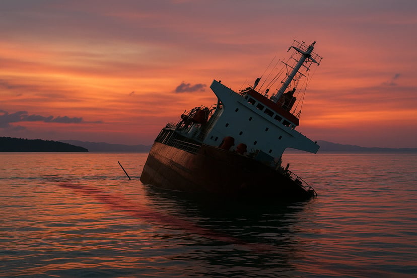 a cargo ship listing and capsizing at sundown