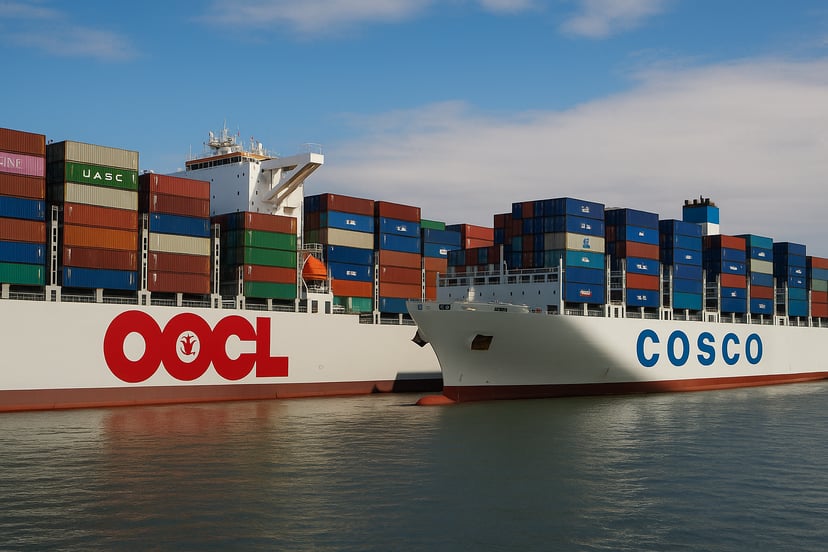 An OOCL container ship and COSCO container ship side by side