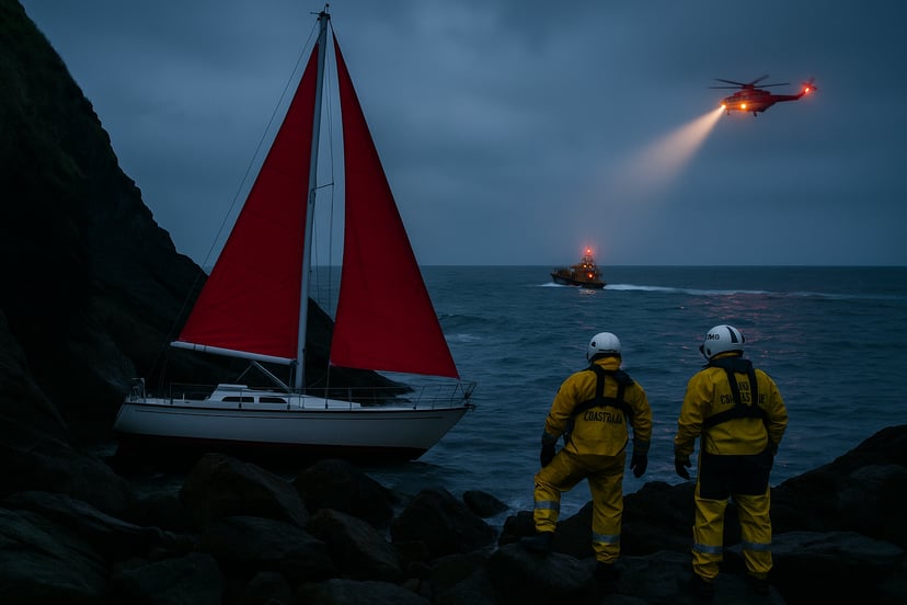 A yacht with red sails grounded on the Cornish coast at night