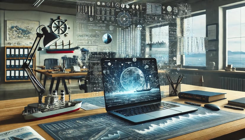 futuristic tech on a laptop that is on a desk in a shipping office 