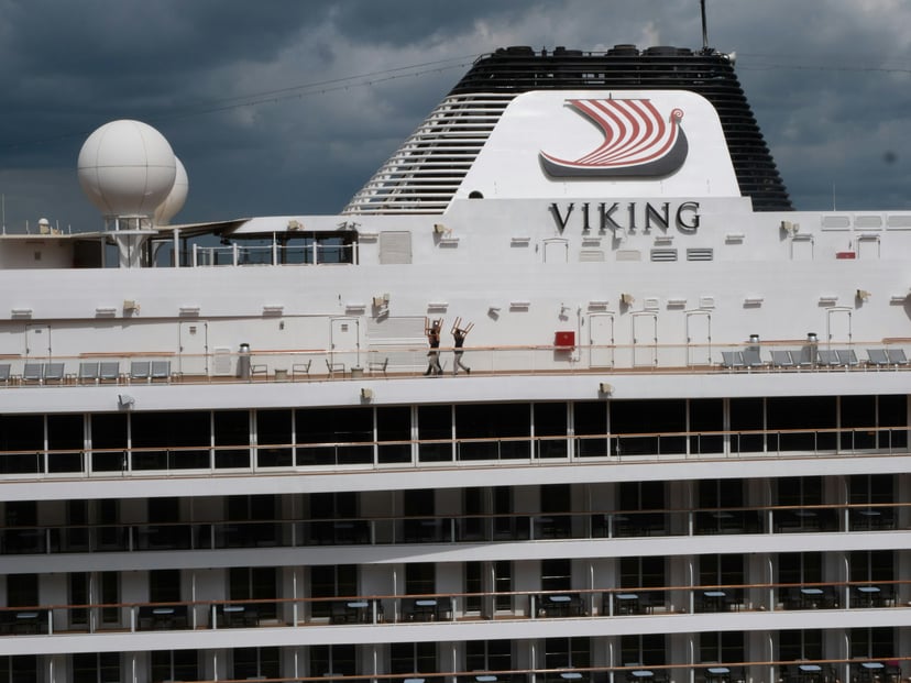 Close up of the Viking logo on the side of one of its cruise ships