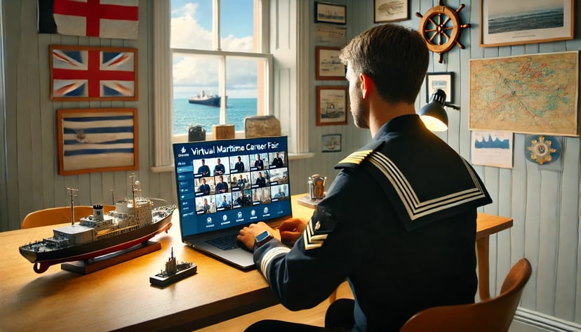 a seafarer attending a virtual maritime job fair on his laptop