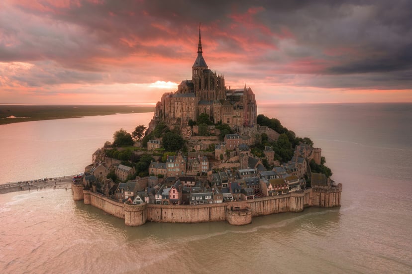 The isle of Mont Saint Michel at sunset