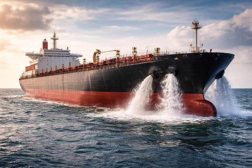 an oil tanker de-ballasting at sea