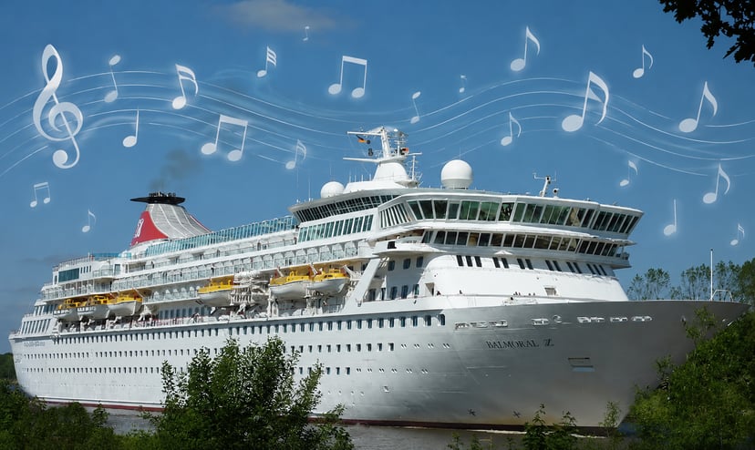 Musical notes i the air surrounding Fred. Olsen's cruise ship, the Balmoral