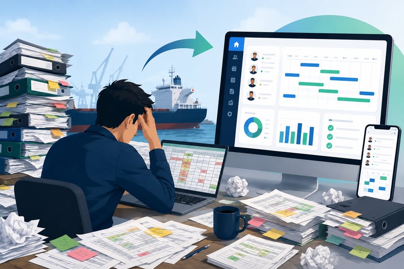 A stressed man at his desk looking at spreadsheets while a larger screen shows crew management software