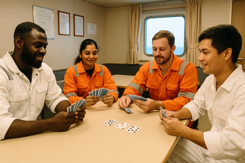 four seafarers in working gear playing cards in the crew mess on their downtime