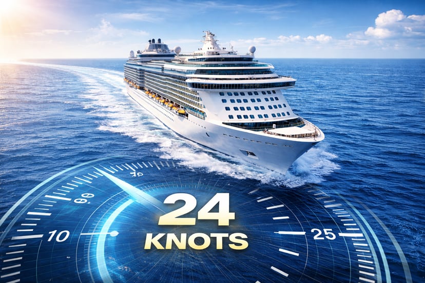 a cruise ship moving through water with a speedometer showing 24 knots