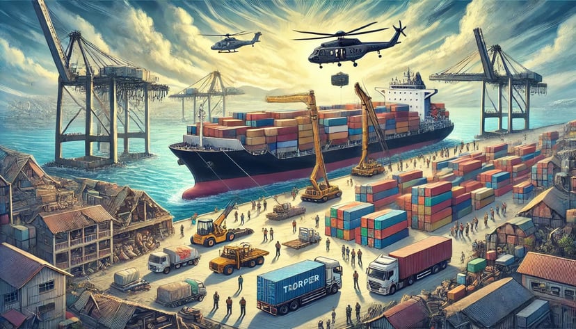 a cargo ship delivering supplies to a disaster hit port