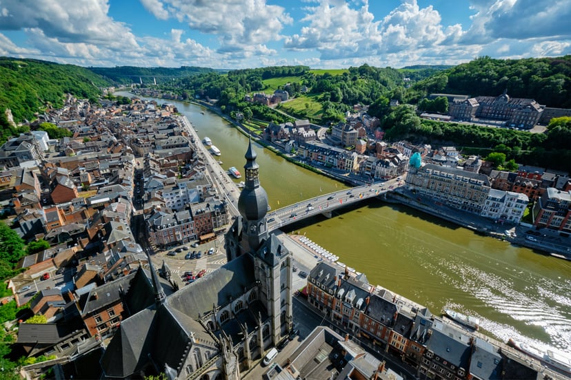 Aerial view of the River Rhine as it flows through an old town