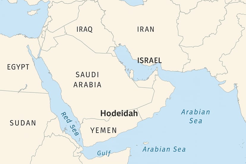 A map of the Middle East showing Hodeidah port in Yemen