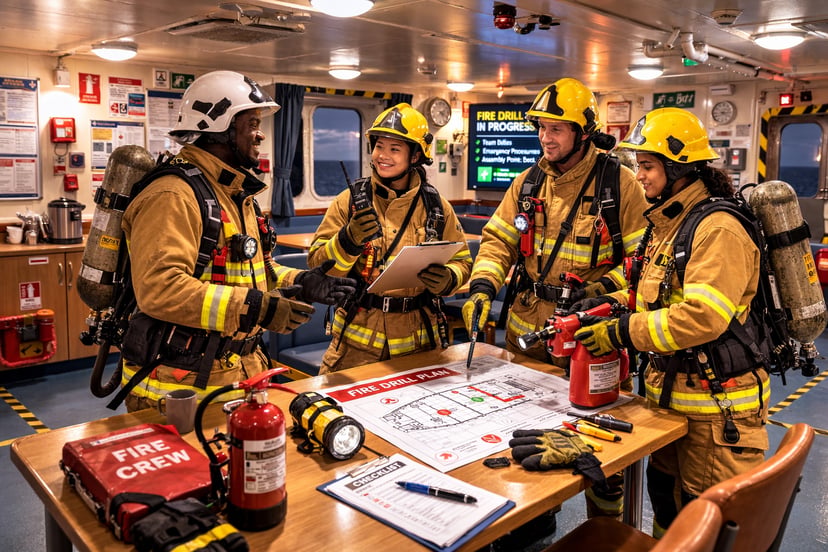 four crew members in fire fighting gear meeting in the crew mess