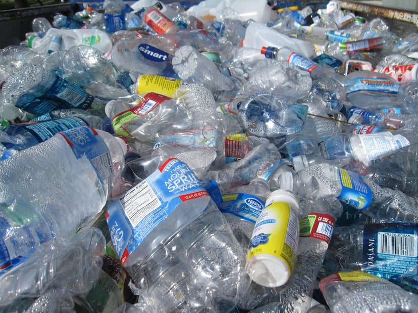 A heap of plastic waste including drinking water bottles