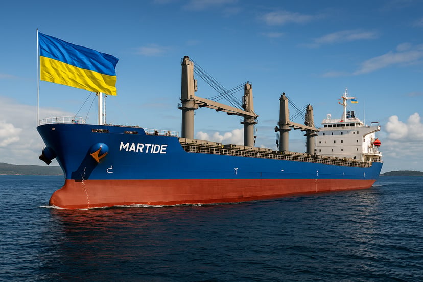 A bulk carrier cargo ship flying the flag of Ukraine on its bow