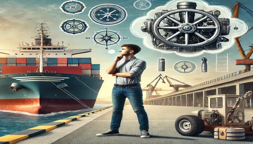 A young man on a dock trying to decide which direction his maritime career should go in: deck department or engine department