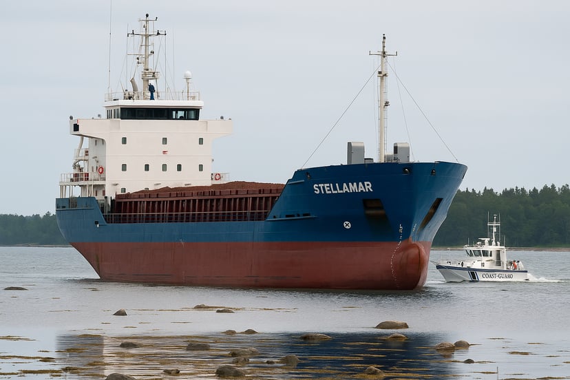 The Stellamar cargo ship run aground and being assisted by a tug
