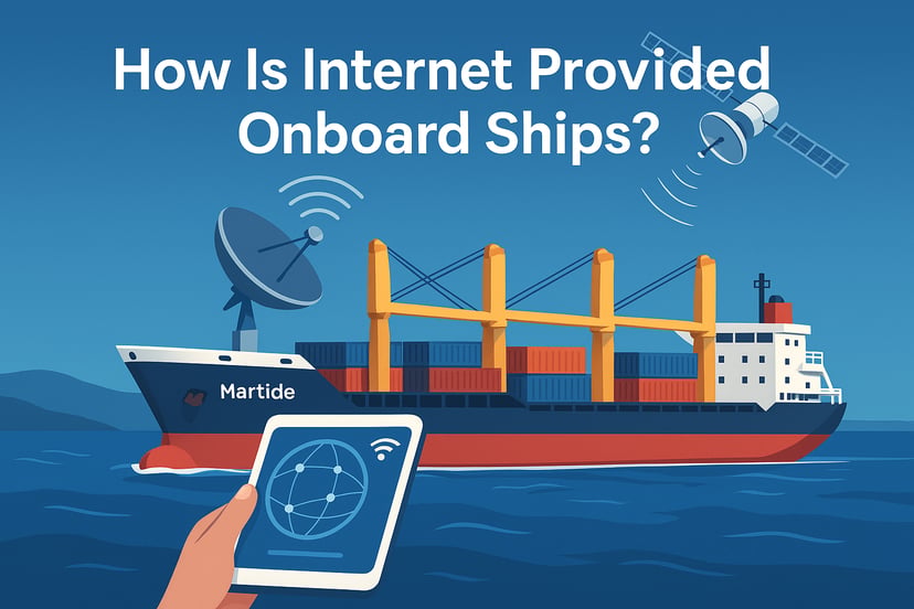A bulk carrier cargo ship with a satellite and satellite dish