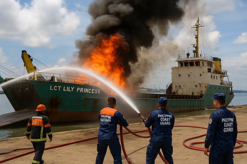 A fire aboard the cargo ship LCT Lily Princess being extinguished by fire fighters on the dock