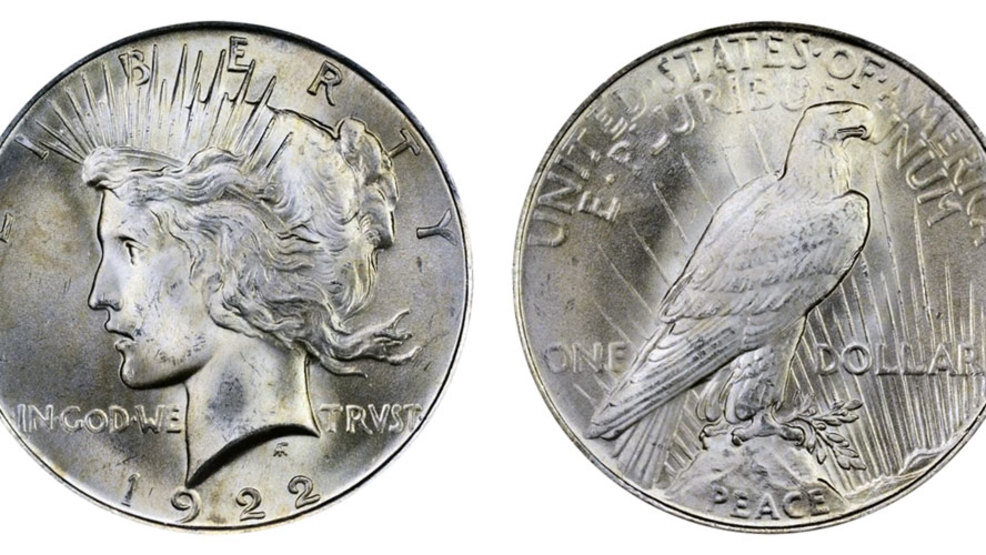 A 1922 silver "Peace dollar" minted in Philadephia