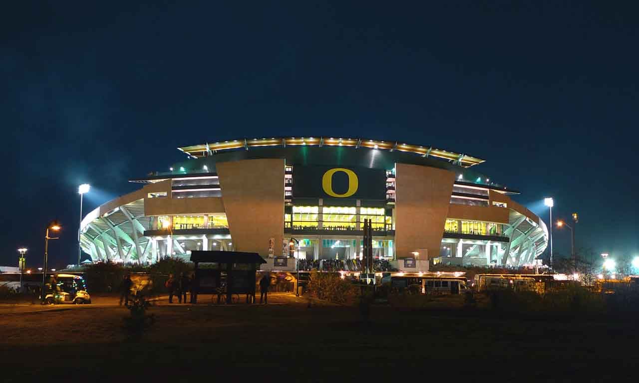 Autzen Stadium exterior at night