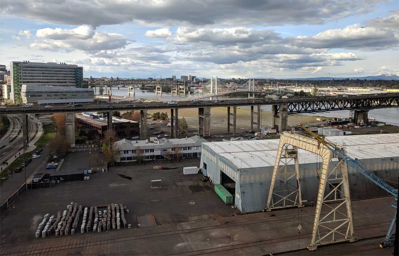 Ross Island Bridge and Tilikum Crossing Bridge in Portland Orego