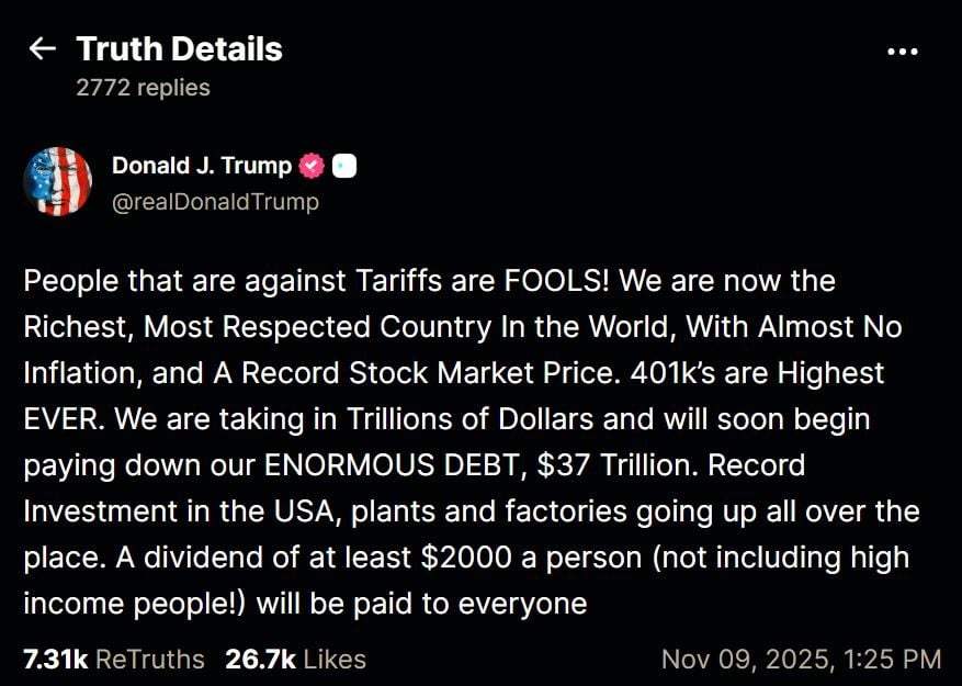 Truth social post by Donald J Trump