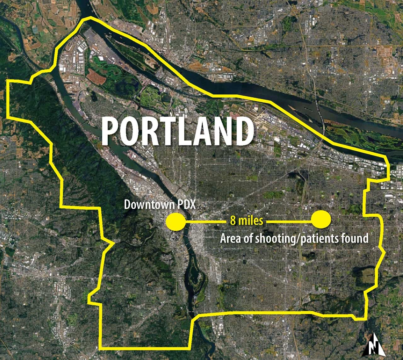 Map of shooting area showing 8-mile distance from downtown.